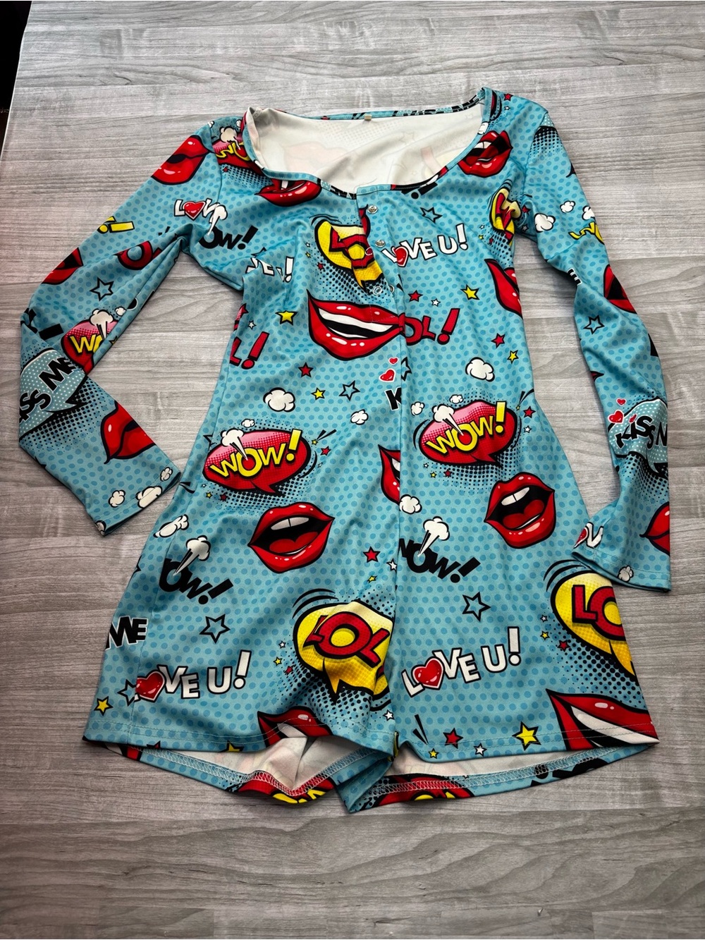 Graphic Pop Art Comic Book Women’s Blue Long-Sleeve Pajama Romper Size Small